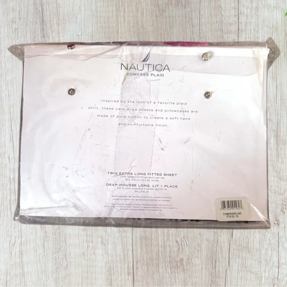 NEW Vintage NAUTICA Yard Dyed Compass Plaid Twin XL Extra Long Fitted Sheet NIP